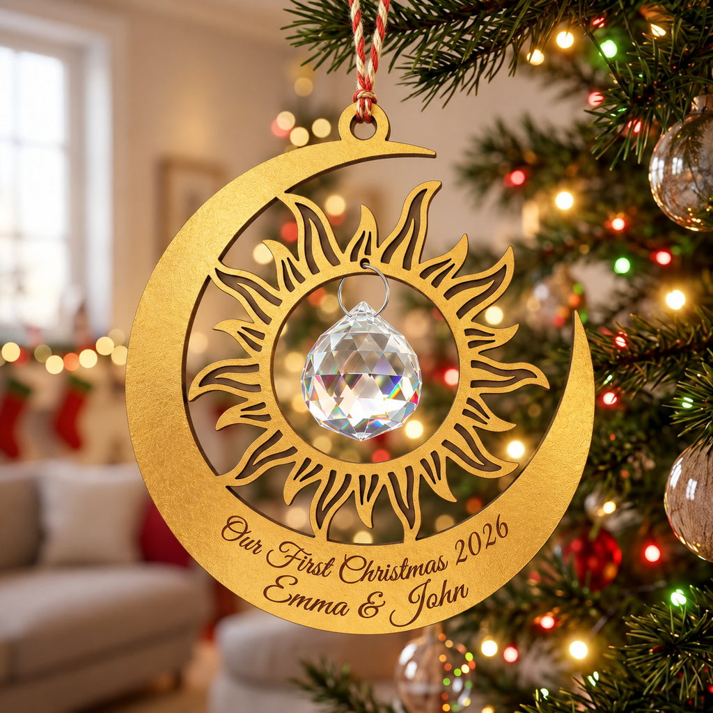 Personalized Our First Christmas Sun and Moon Crystal Wooden Ornament