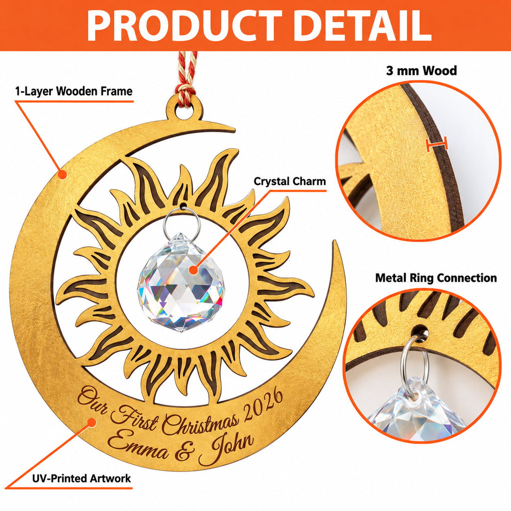 Personalized Our First Christmas Sun and Moon Crystal Wooden Ornament