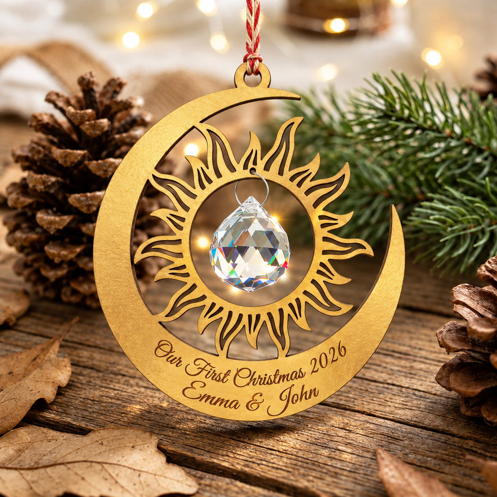 Personalized Our First Christmas Sun and Moon Crystal Wooden Ornament