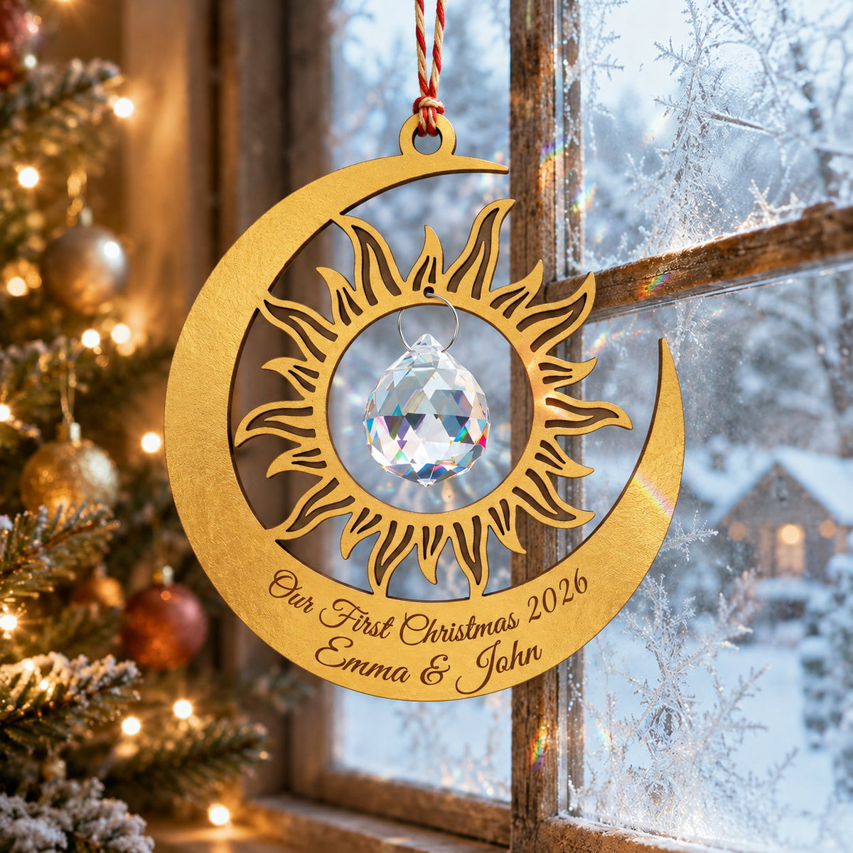 Personalized Our First Christmas Sun and Moon Crystal Wooden Ornament