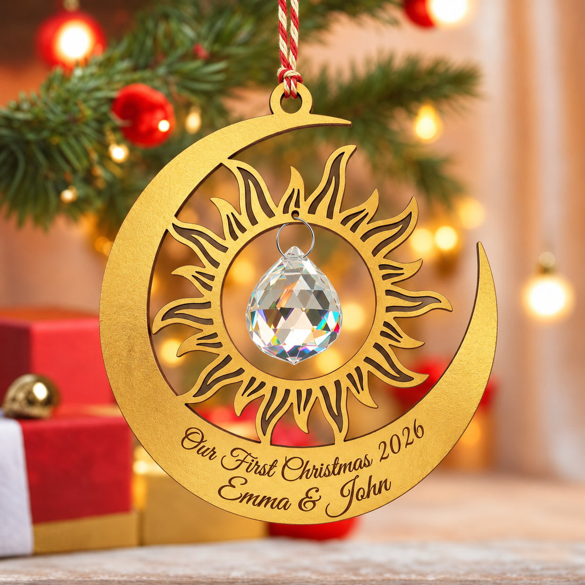 Personalized Our First Christmas Sun and Moon Crystal Wooden Ornament