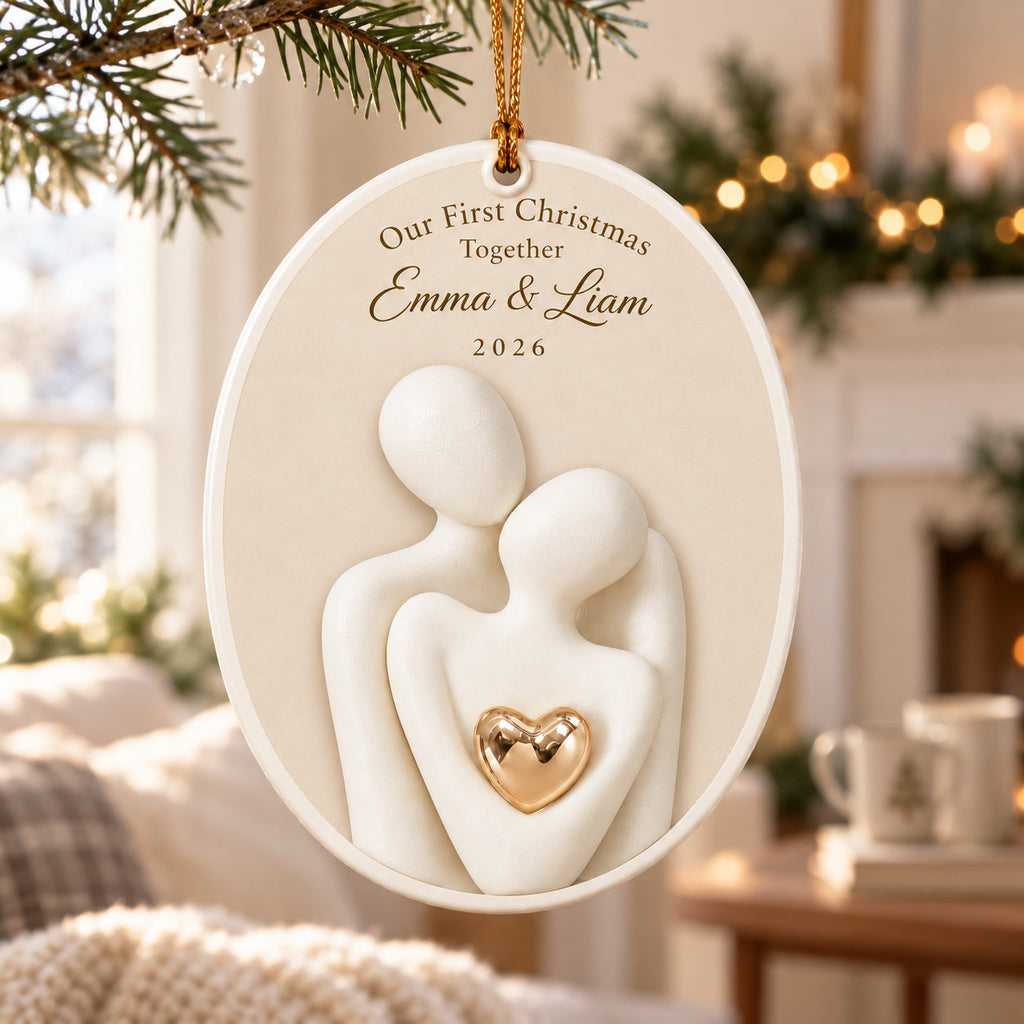 Personalized Our First Christmas Together Embracing Couple Ceramic Ornament
