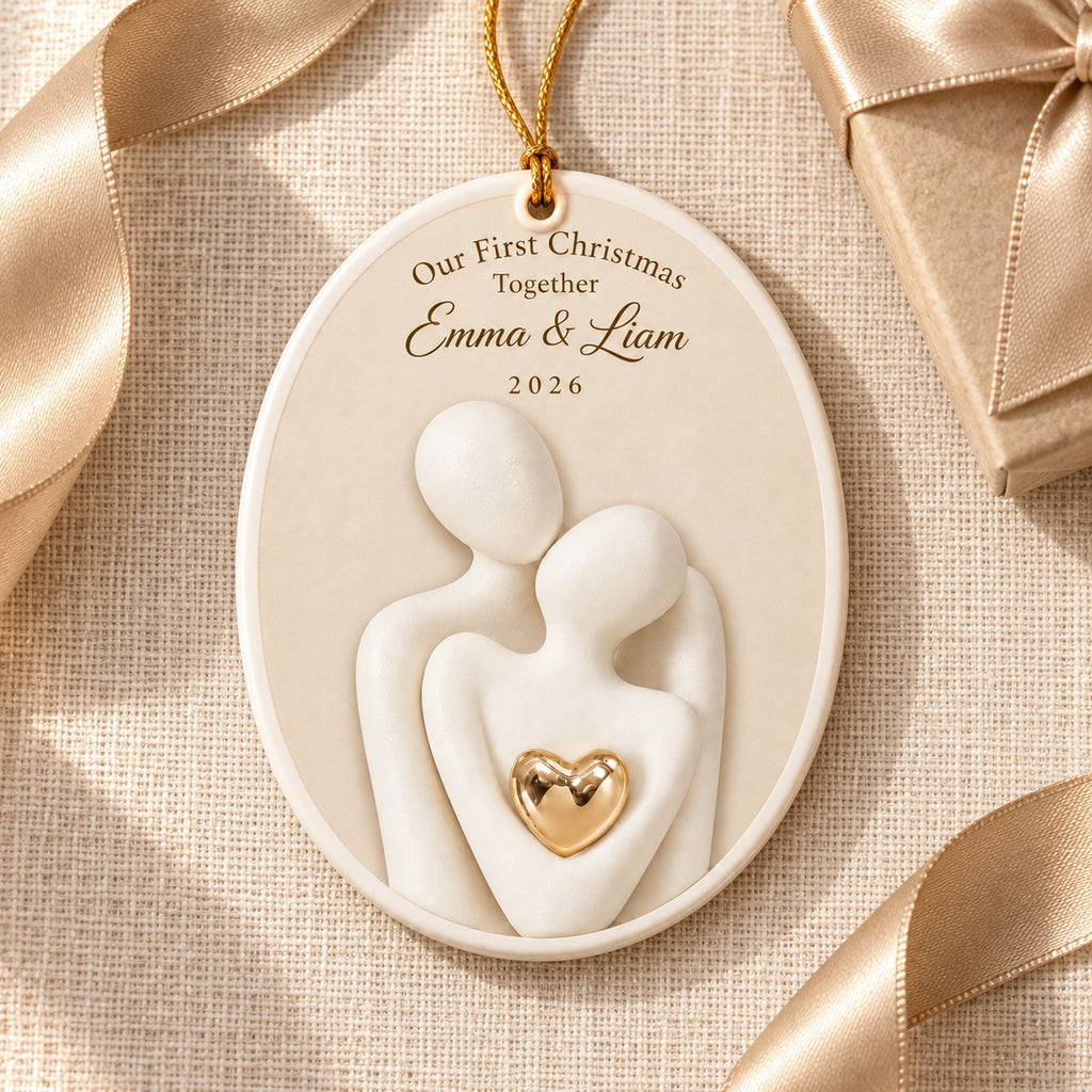 Personalized Our First Christmas Together Embracing Couple Ceramic Ornament