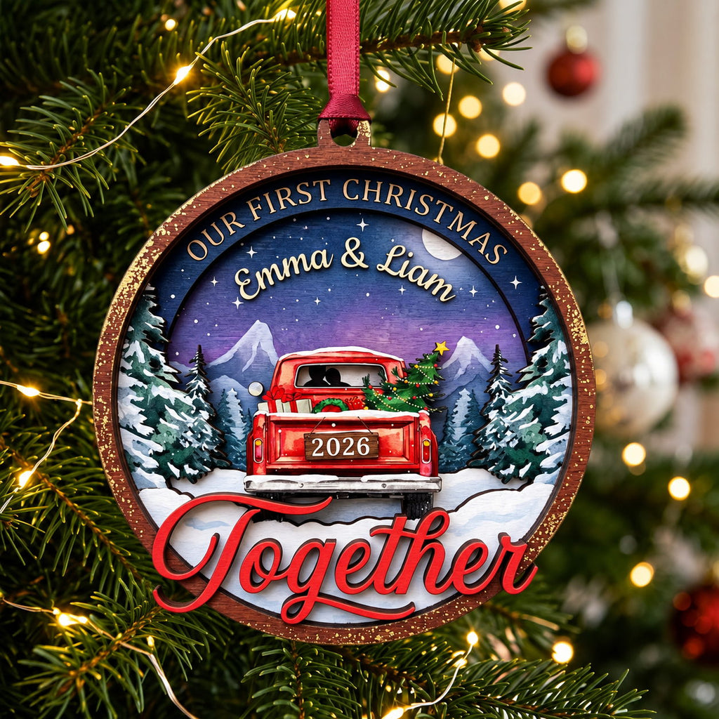 Personalized Our First Christmas Together Red Truck Wooden Ornament