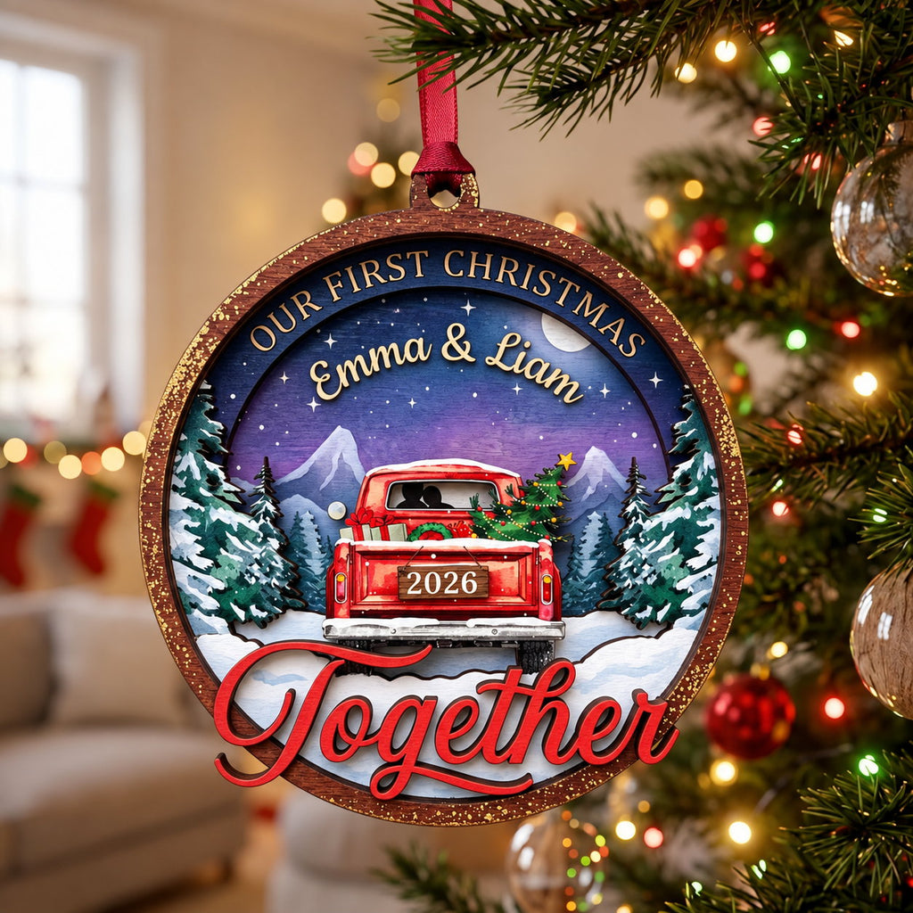 Personalized Our First Christmas Together Red Truck Wooden Ornament