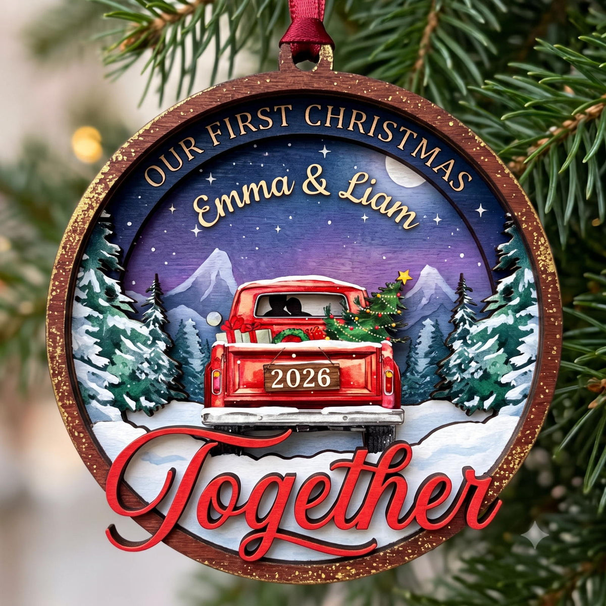 Personalized Our First Christmas Together Red Truck Wooden Ornament