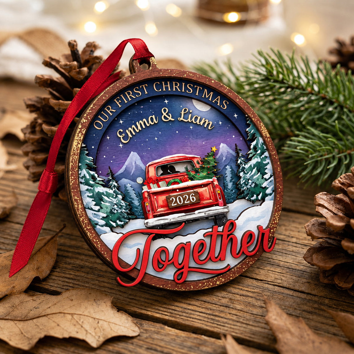 Personalized Our First Christmas Together Red Truck Wooden Ornament