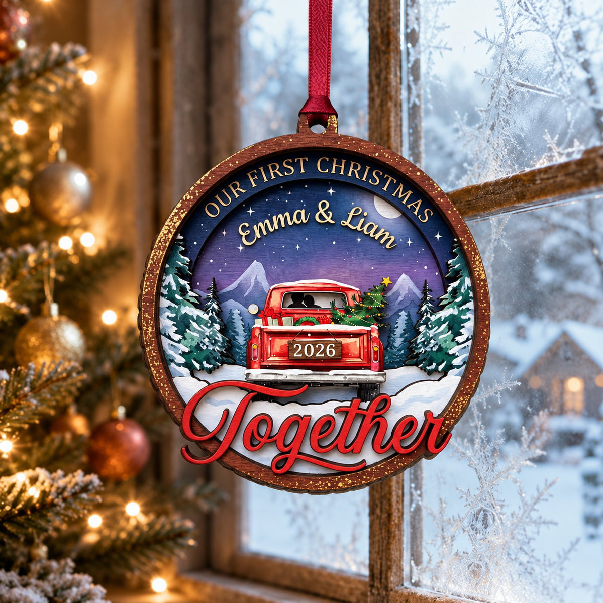 Personalized Our First Christmas Together Red Truck Wooden Ornament