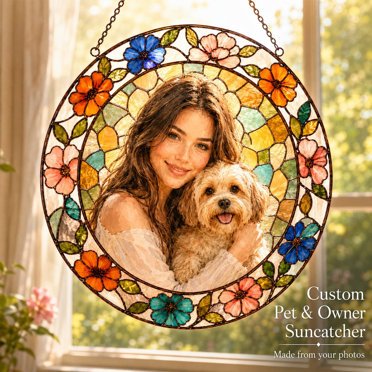 Personalized pet and owner photo suncatcher