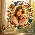 Personalized pet and owner photo suncatcher in a window
