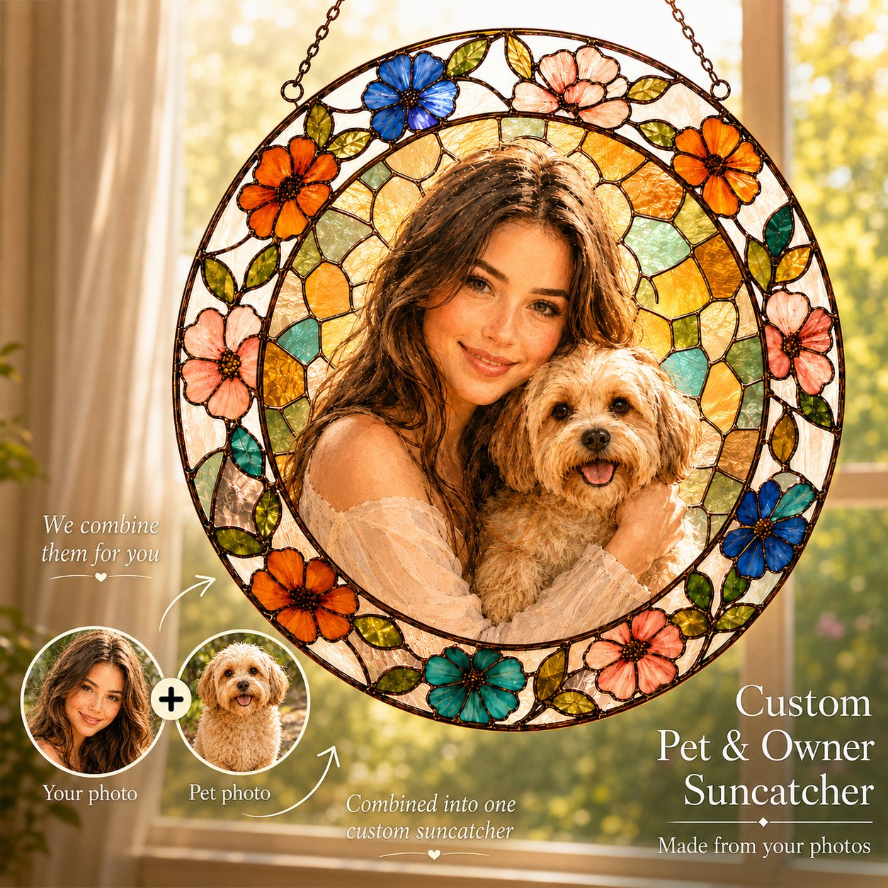 Personalized pet and owner photo suncatcher in a window
