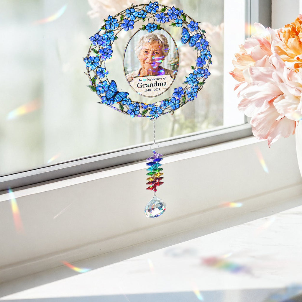 Personalized photo memorial wreath crystal suncatcher