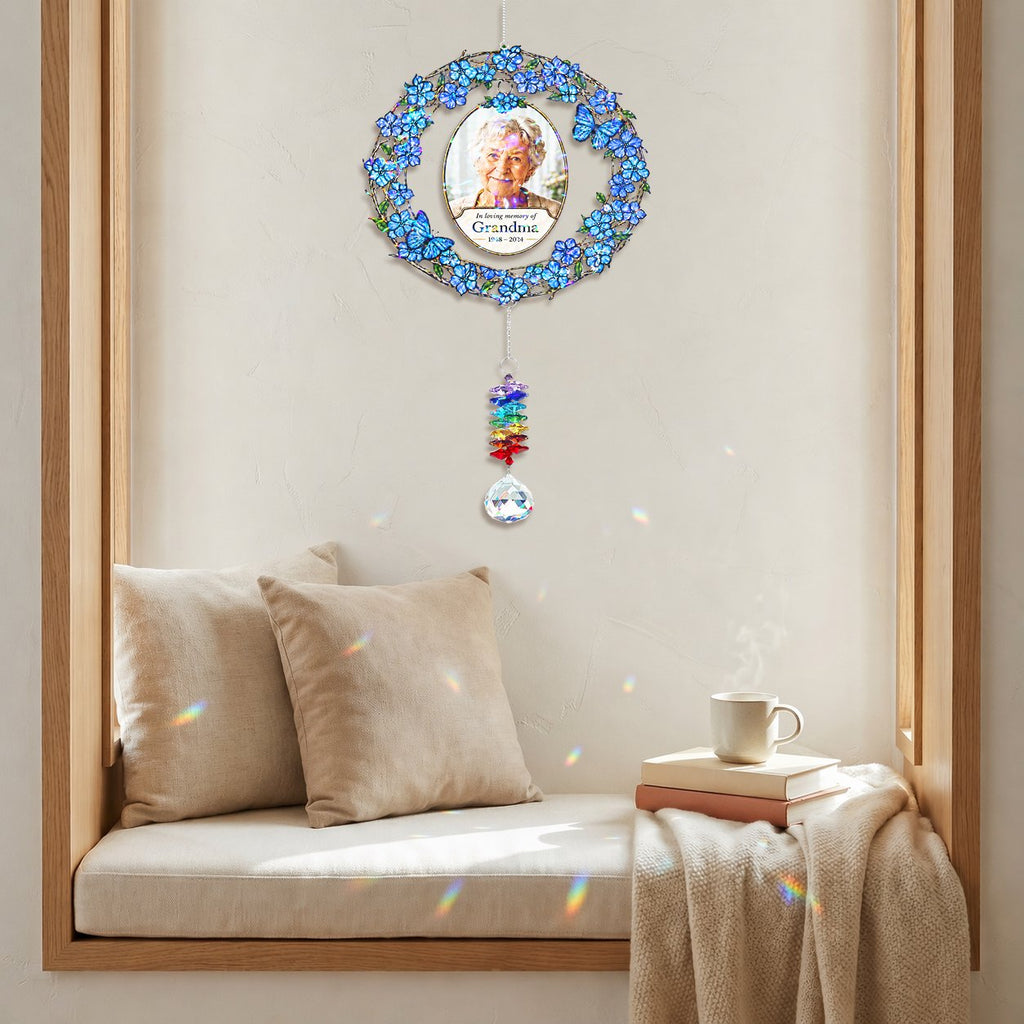 Personalized photo memorial wreath crystal suncatcher