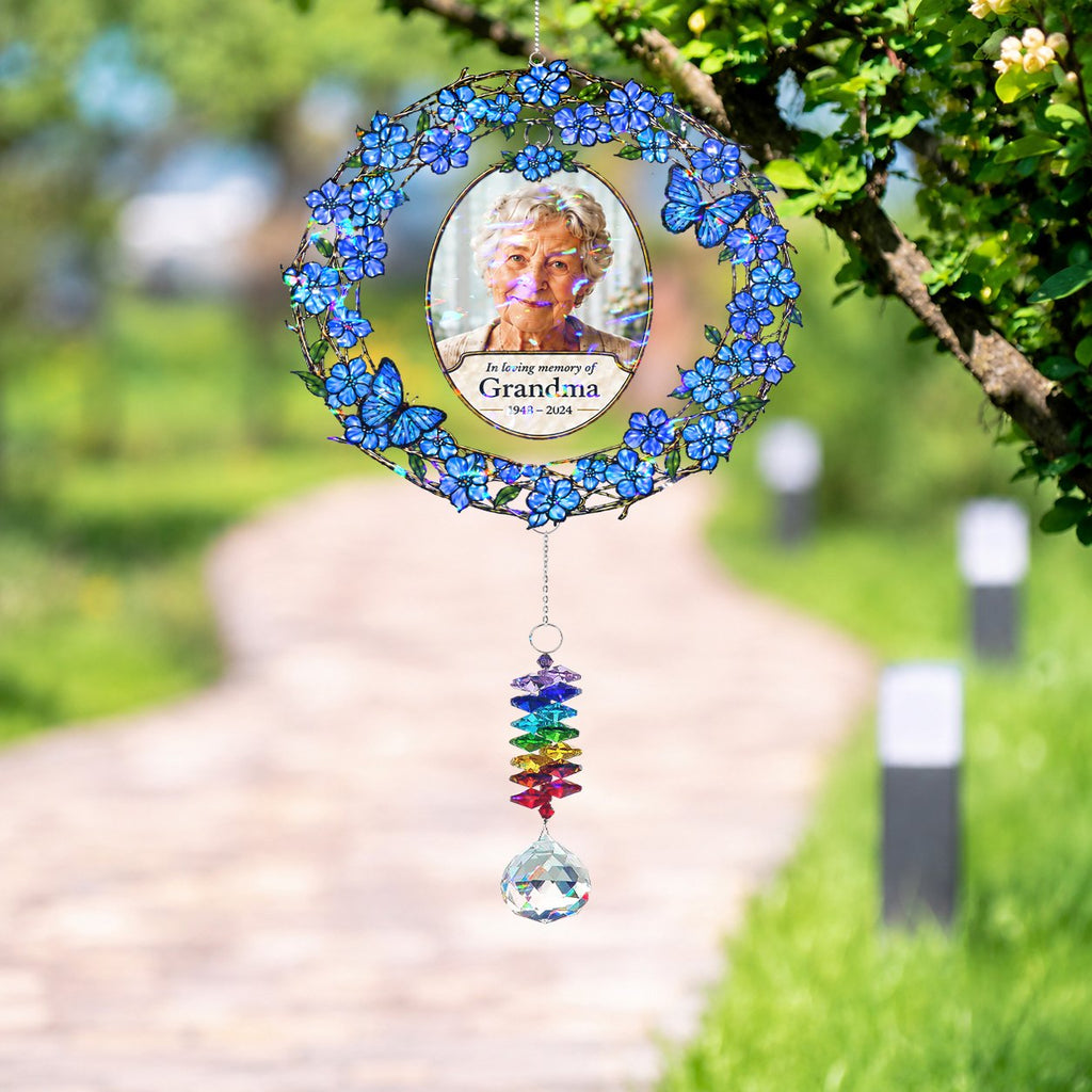 Personalized photo memorial wreath crystal suncatcher