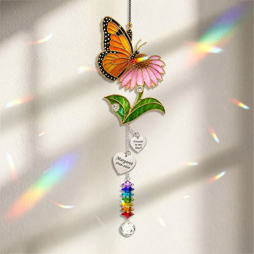 Personalized pink blossom butterfly memorial crystal suncatcher