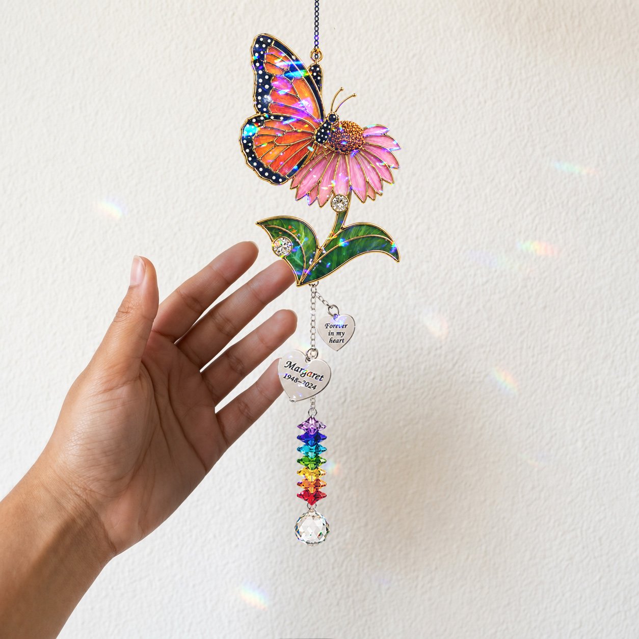 Personalized pink blossom butterfly memorial crystal suncatcher detail