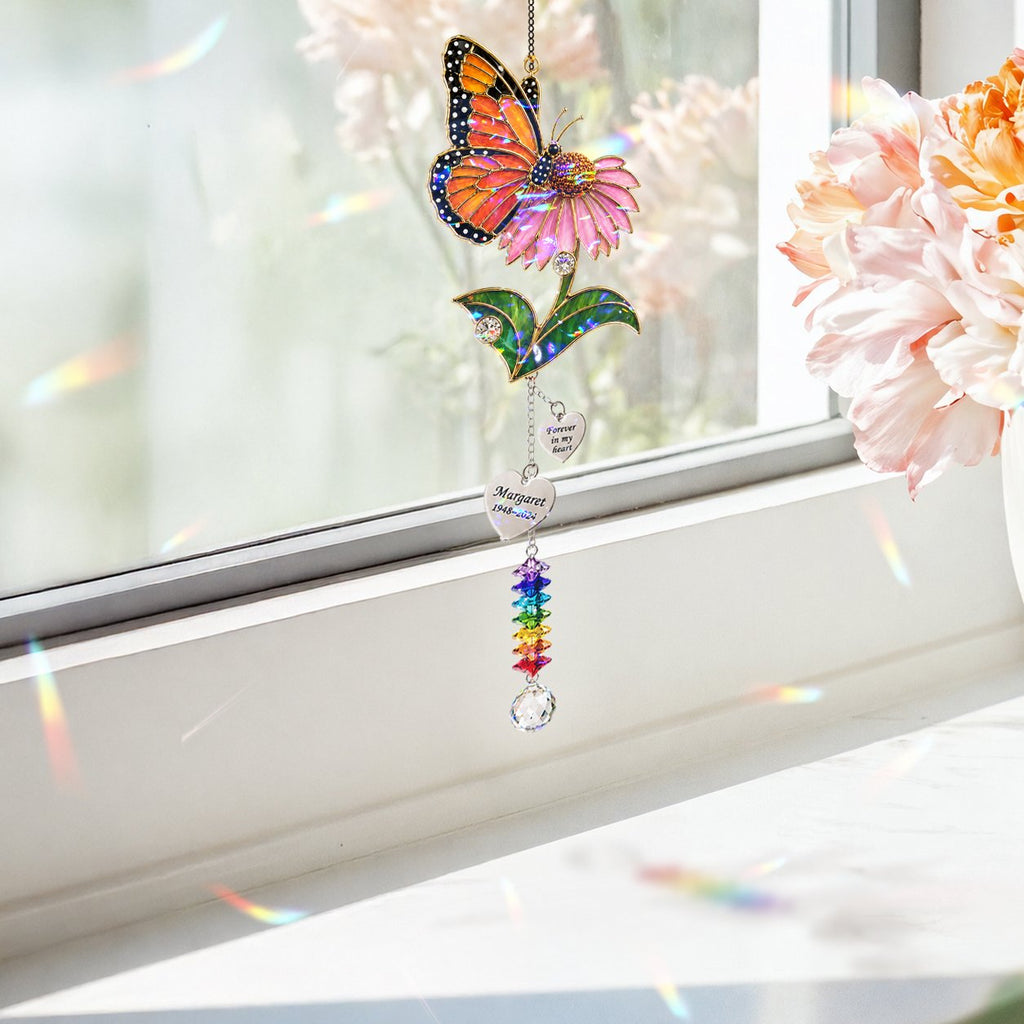 Personalized pink blossom butterfly memorial crystal suncatcher