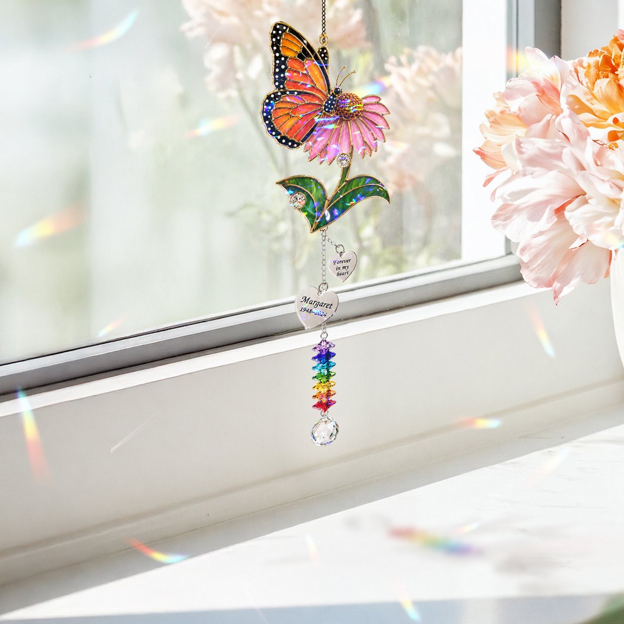 Personalized pink blossom butterfly memorial crystal suncatcher