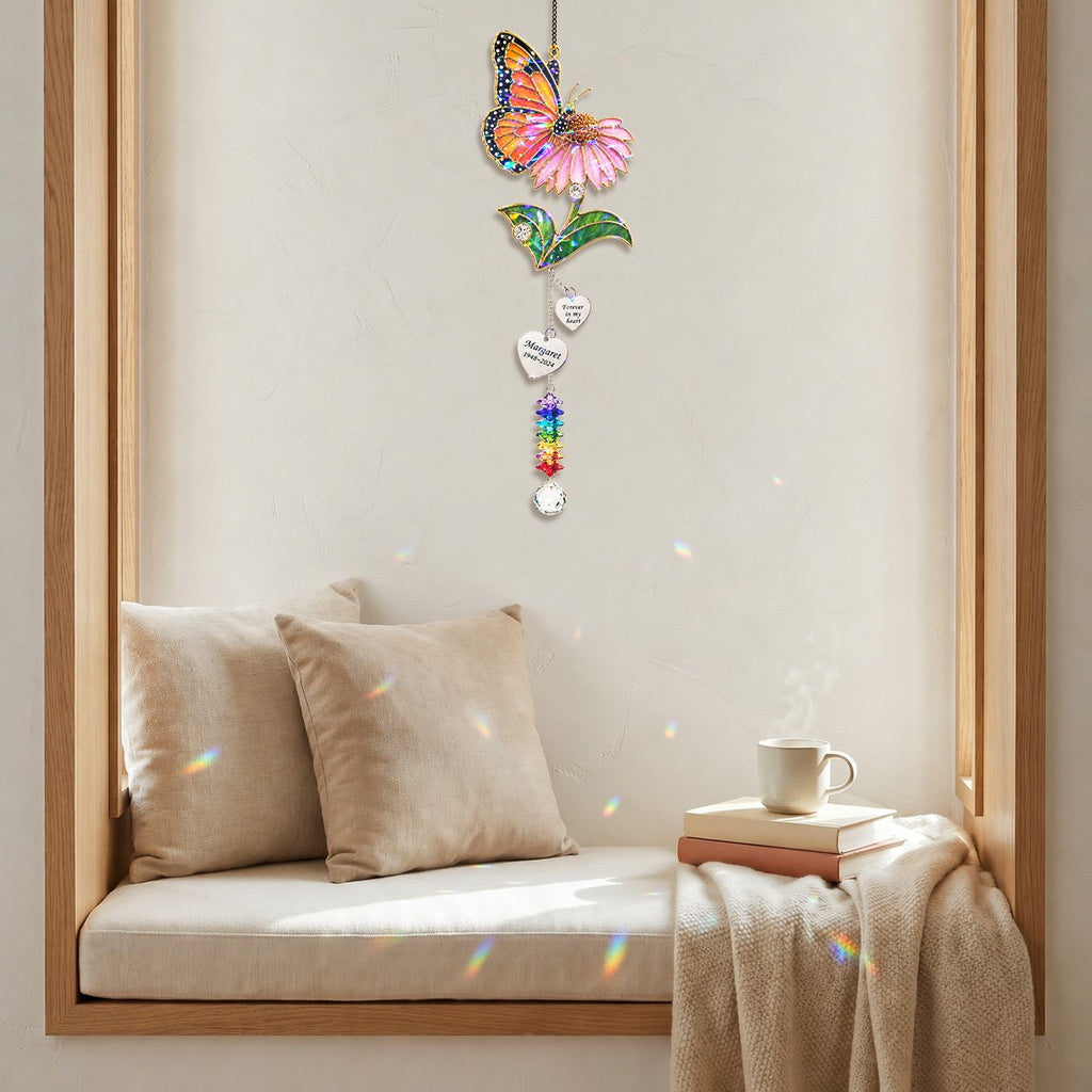 Personalized pink blossom butterfly memorial crystal suncatcher