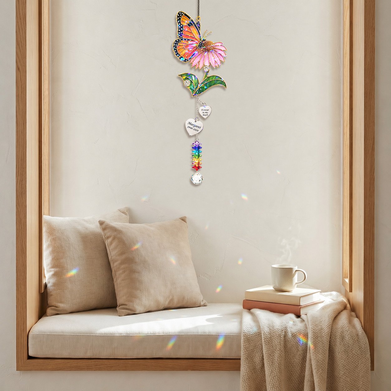 Personalized pink blossom butterfly memorial crystal suncatcher