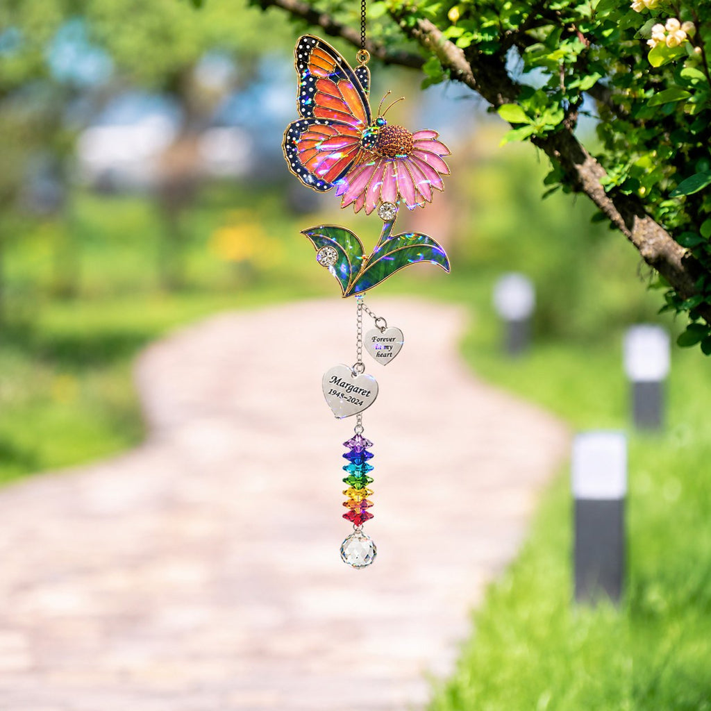 Personalized pink blossom butterfly memorial crystal suncatcher