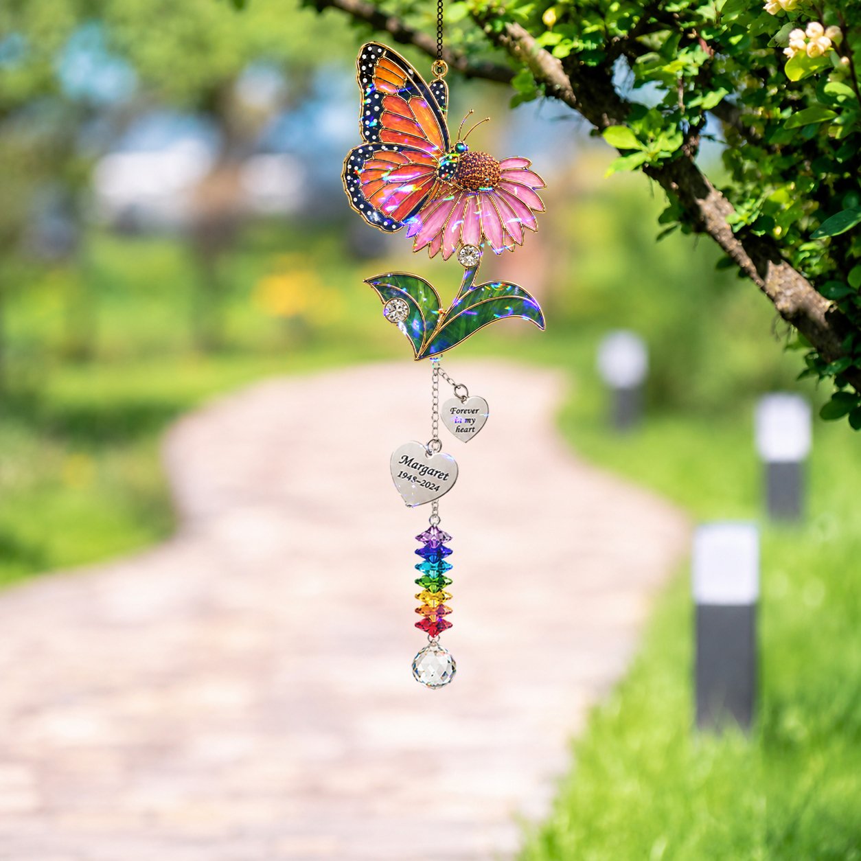 Personalized pink blossom butterfly memorial crystal suncatcher