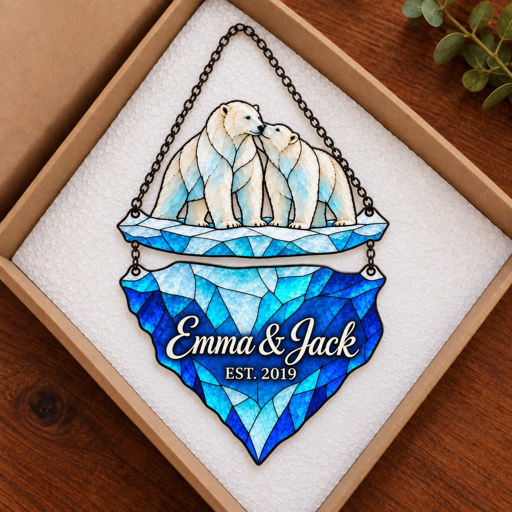 Personalized Polar Bear Couple on an Iceberg Holographic Acrylic Suncatcher