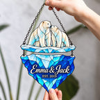 Personalized Polar Bear Couple on an Iceberg Holographic Acrylic Suncatcher