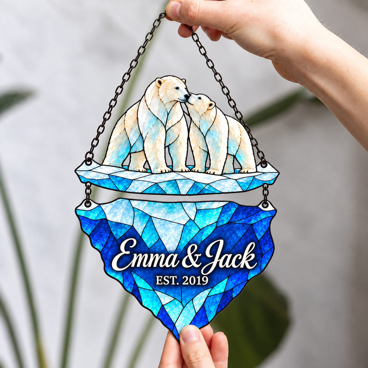 Personalized Polar Bear Couple on an Iceberg Holographic Acrylic Suncatcher