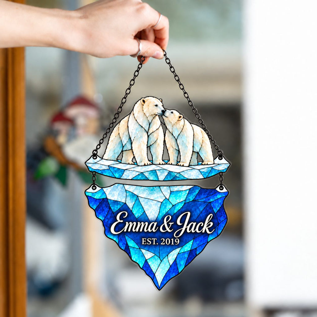 Personalized Polar Bear Couple on an Iceberg Holographic Acrylic Suncatcher