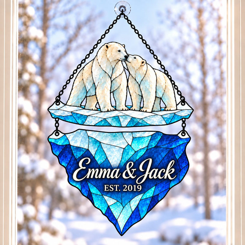 Personalized Polar Bear Couple on an Iceberg Holographic Acrylic Suncatcher