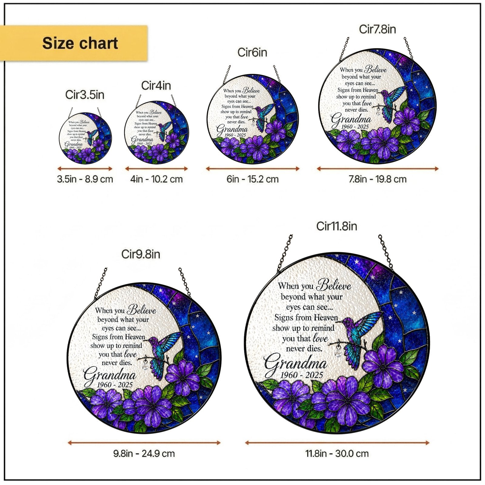 Personalized purple floral hummingbird memorial suncatcher size chart