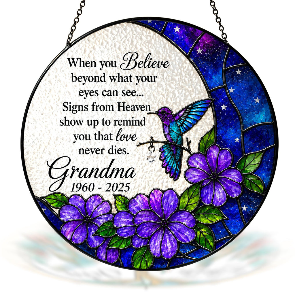 Personalized purple floral hummingbird memorial suncatcher view 2