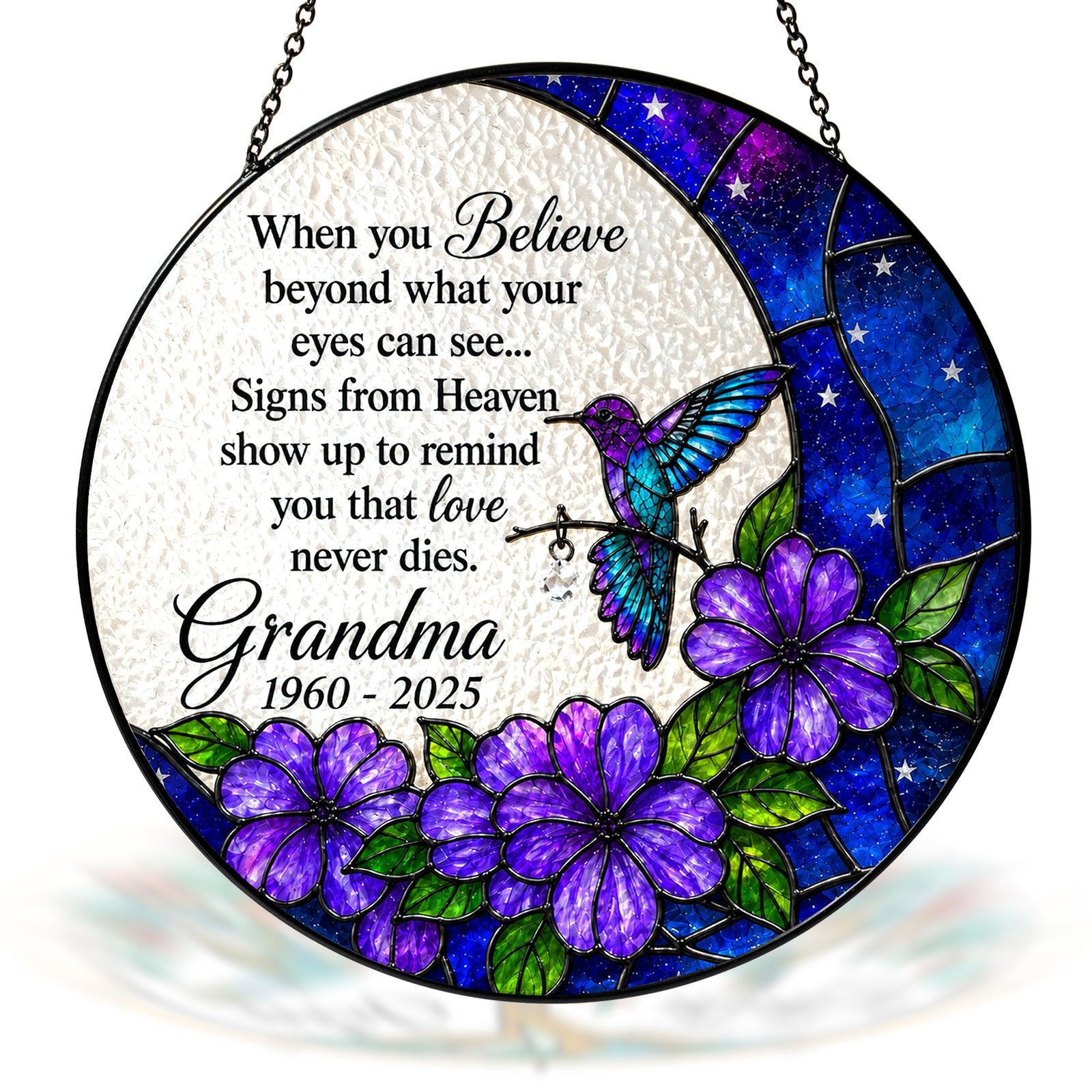 Personalized purple floral hummingbird memorial suncatcher view 2