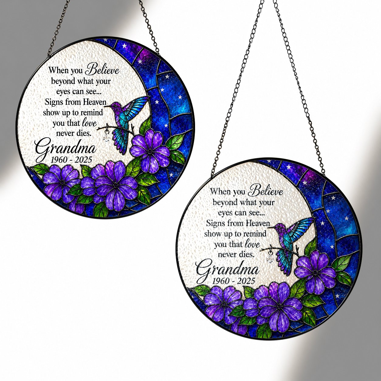 Personalized purple floral hummingbird memorial suncatcher view 3
