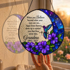 Purple floral hummingbird memorial suncatcher lifestyle