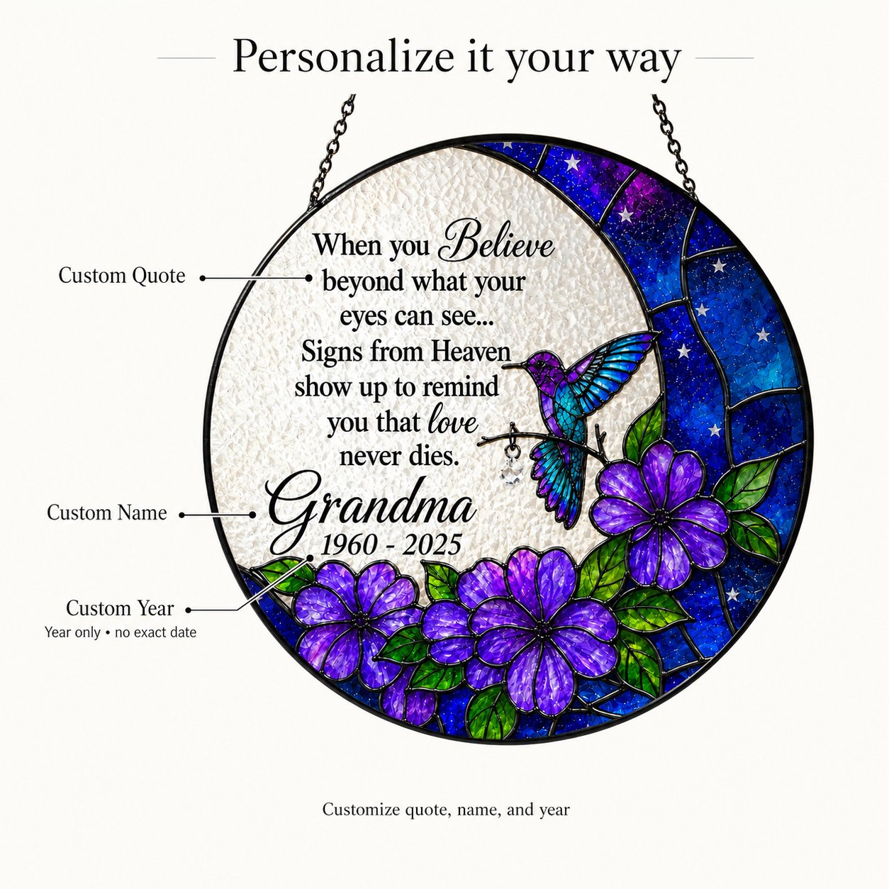 Personalize it your way - purple floral hummingbird memorial suncatcher guide