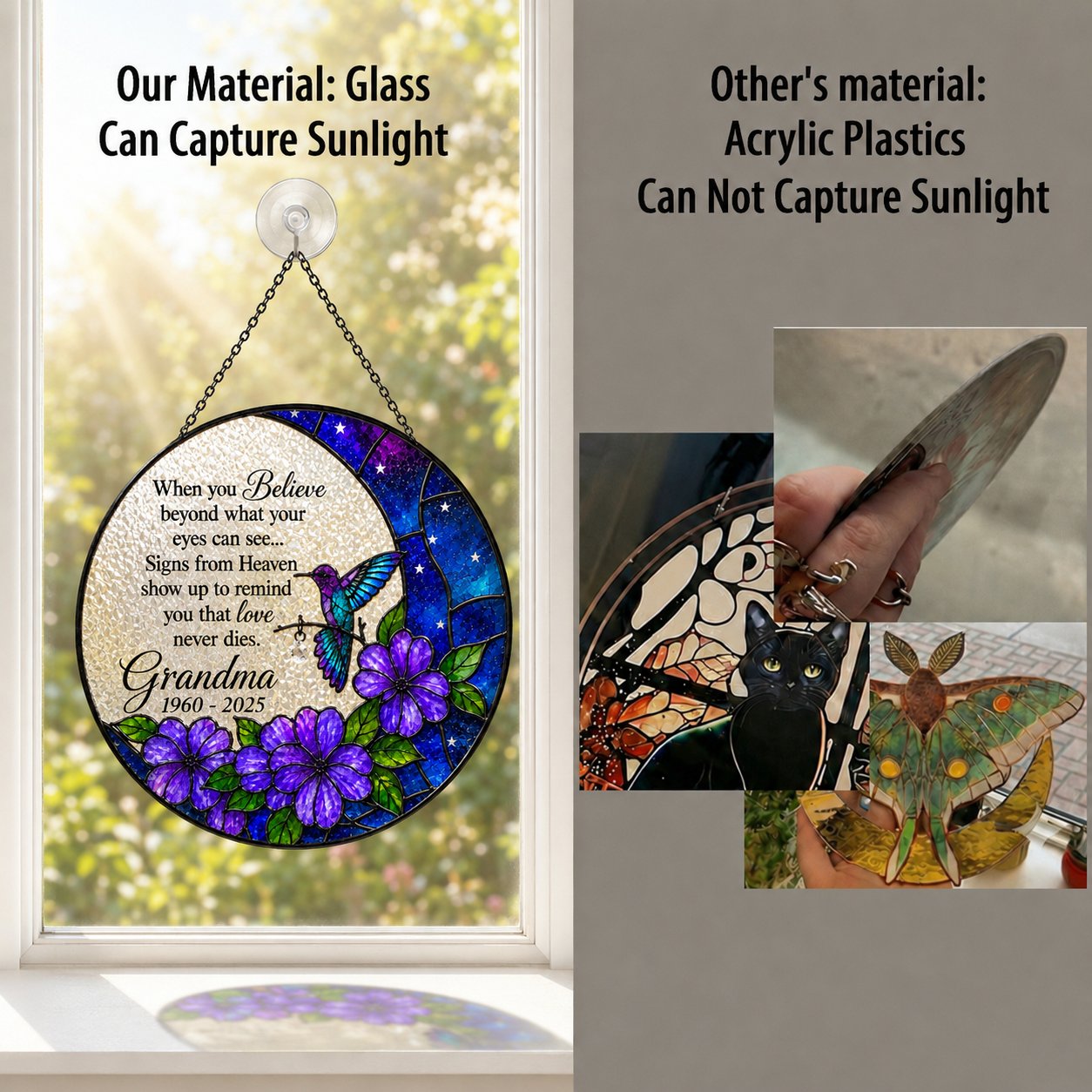 Glass vs acrylic material comparison purple floral hummingbird memorial suncatcher
