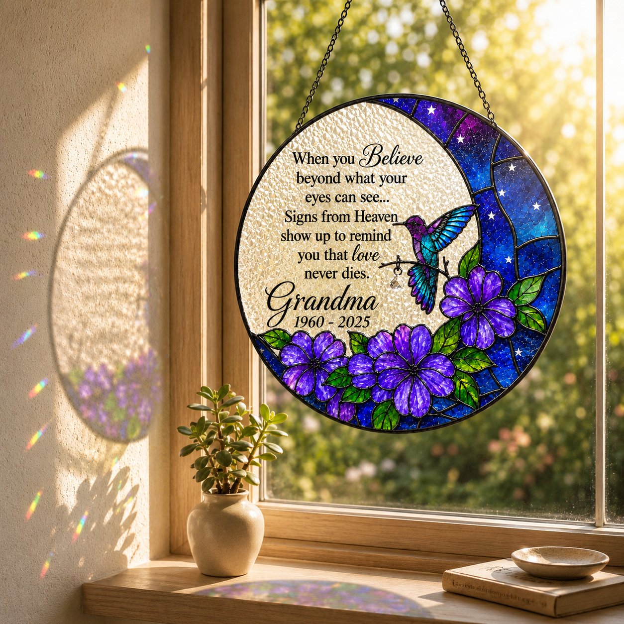 Purple floral hummingbird memorial suncatcher in a window