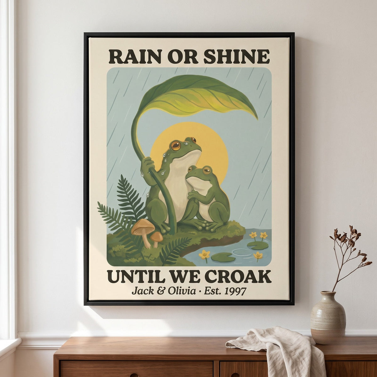 Personalized Rain or Shine Until We Croak Frog Couple Canvas Wall Art