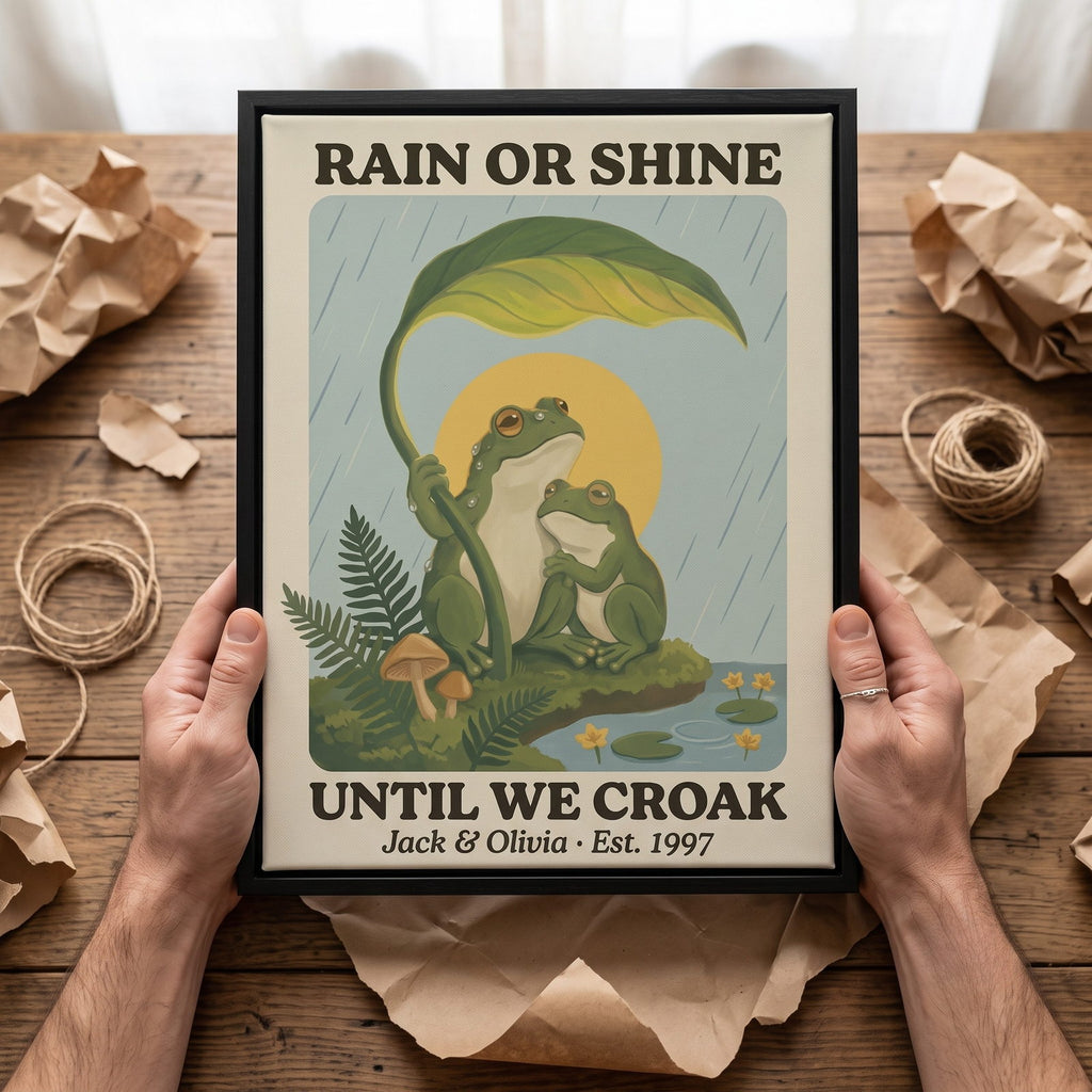 Personalized Rain or Shine Until We Croak Frog Couple Canvas Wall Art