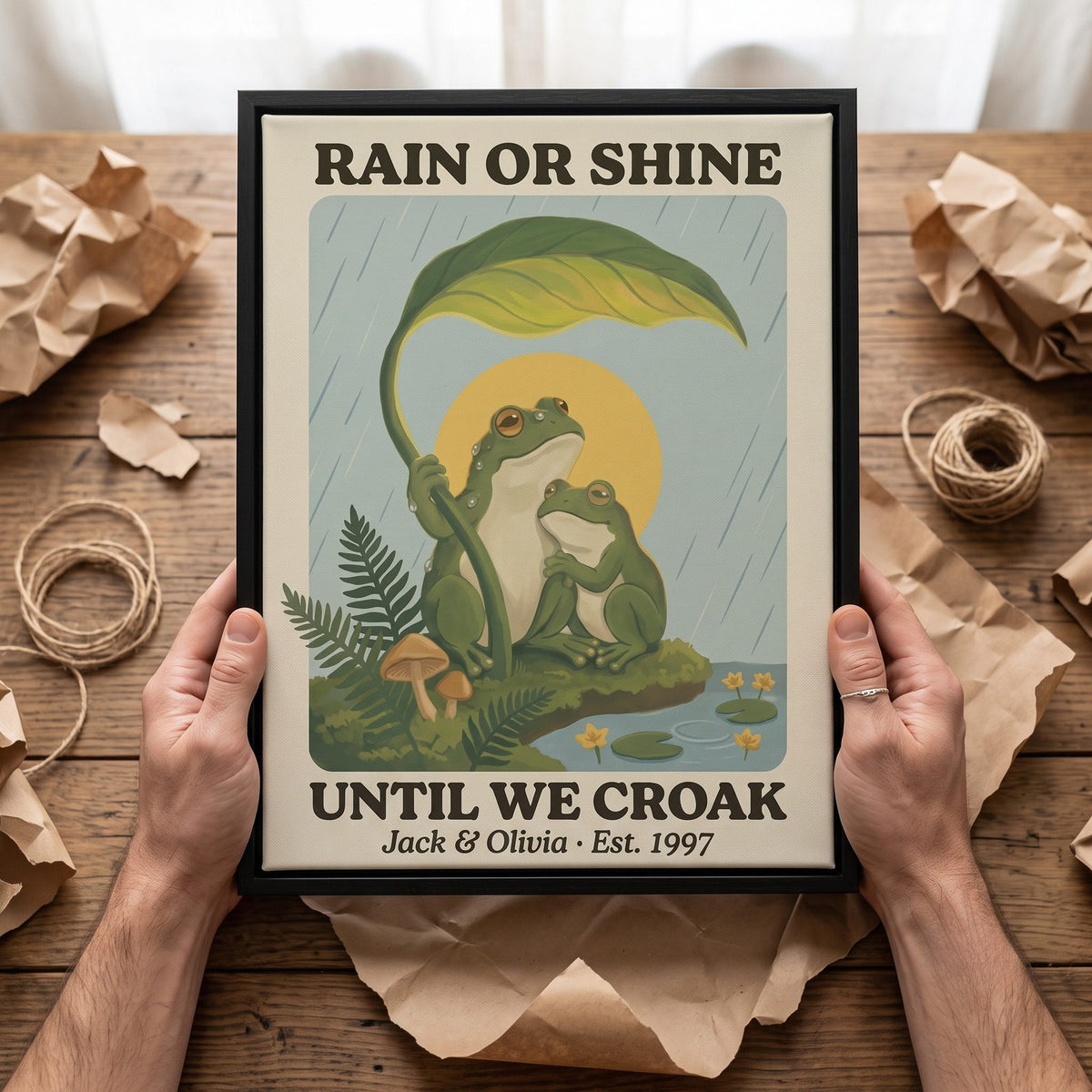 Personalized Rain or Shine Until We Croak Frog Couple Canvas Wall Art