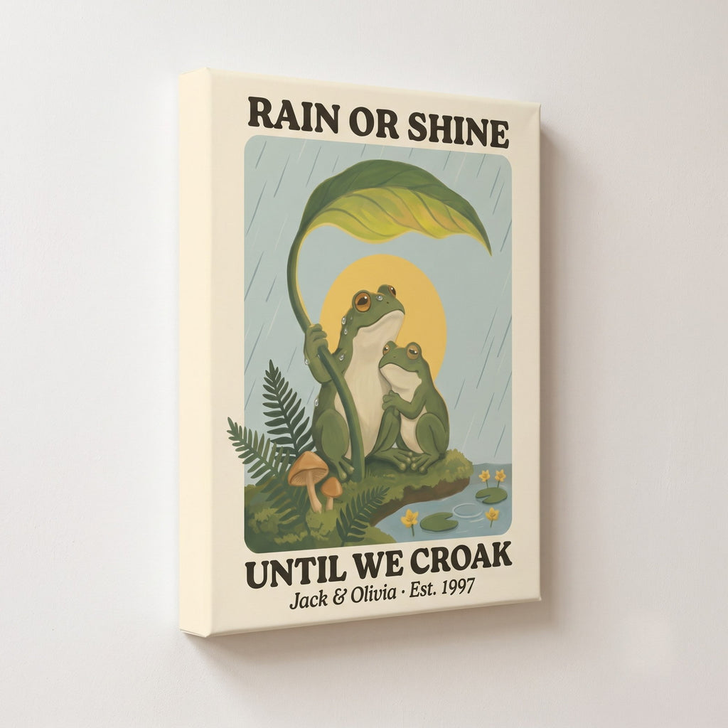 Personalized Rain or Shine Until We Croak Frog Couple Canvas Wall Art