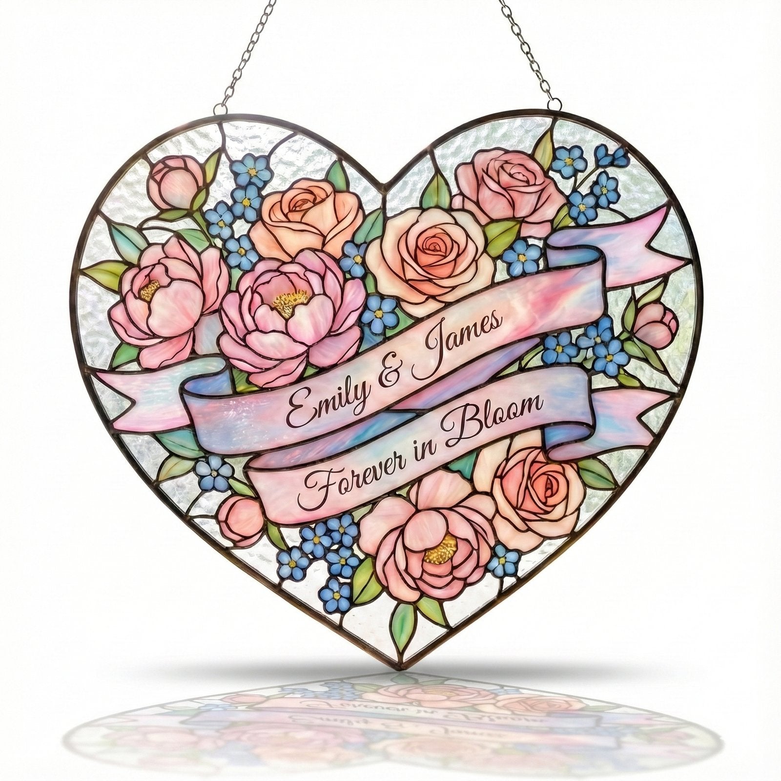 Personalized rose heart stained glass suncatcher for couples
