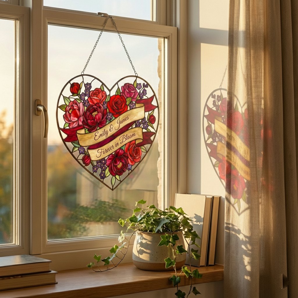 Personalized rose heart suncatcher in a window
