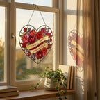 Personalized rose heart suncatcher in a window