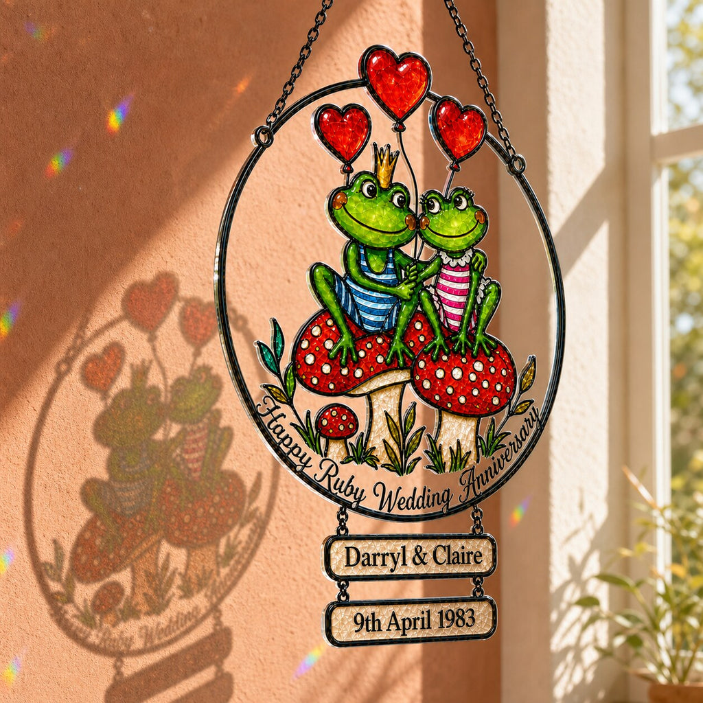 Personalized Ruby Wedding Anniversary Frog Couple Holographic Acrylic Suncatcher