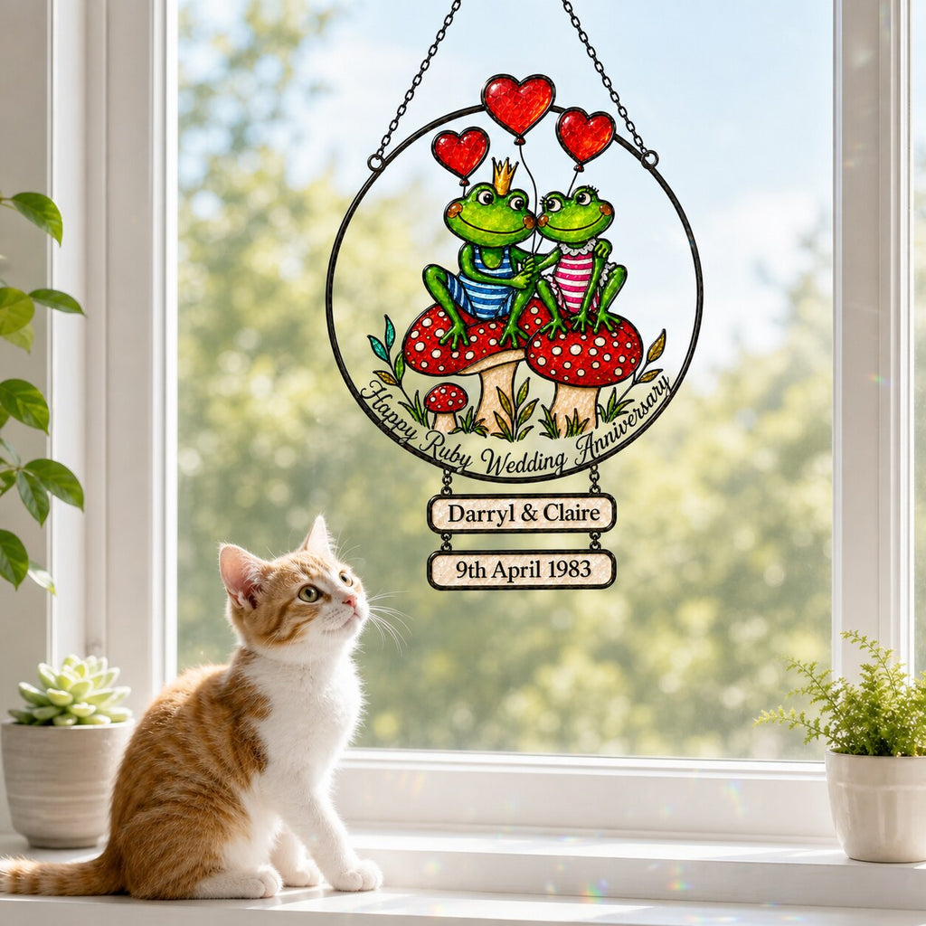 Personalized Ruby Wedding Anniversary Frog Couple Holographic Acrylic Suncatcher