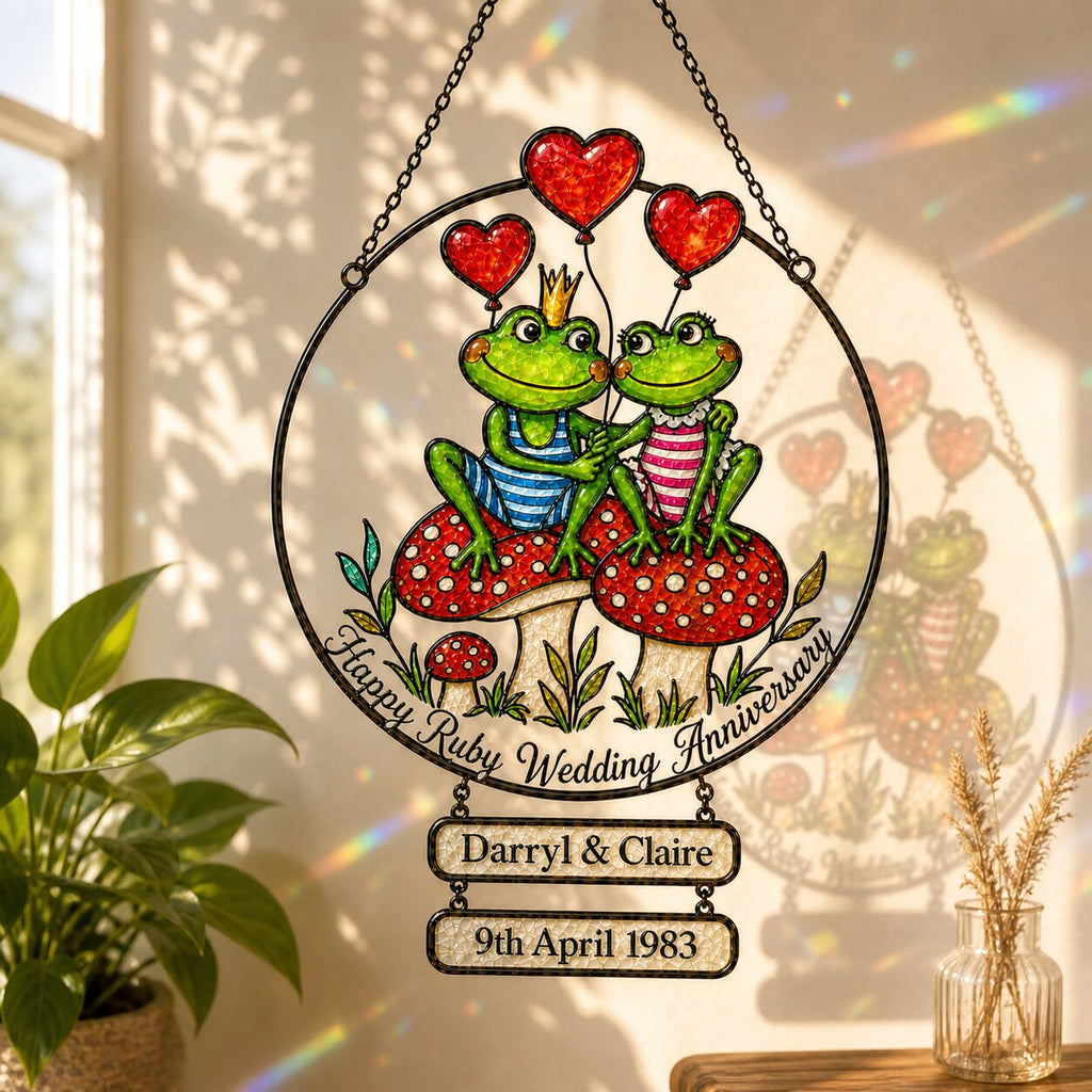 Personalized Ruby Wedding Anniversary Frog Couple Holographic Acrylic Suncatcher