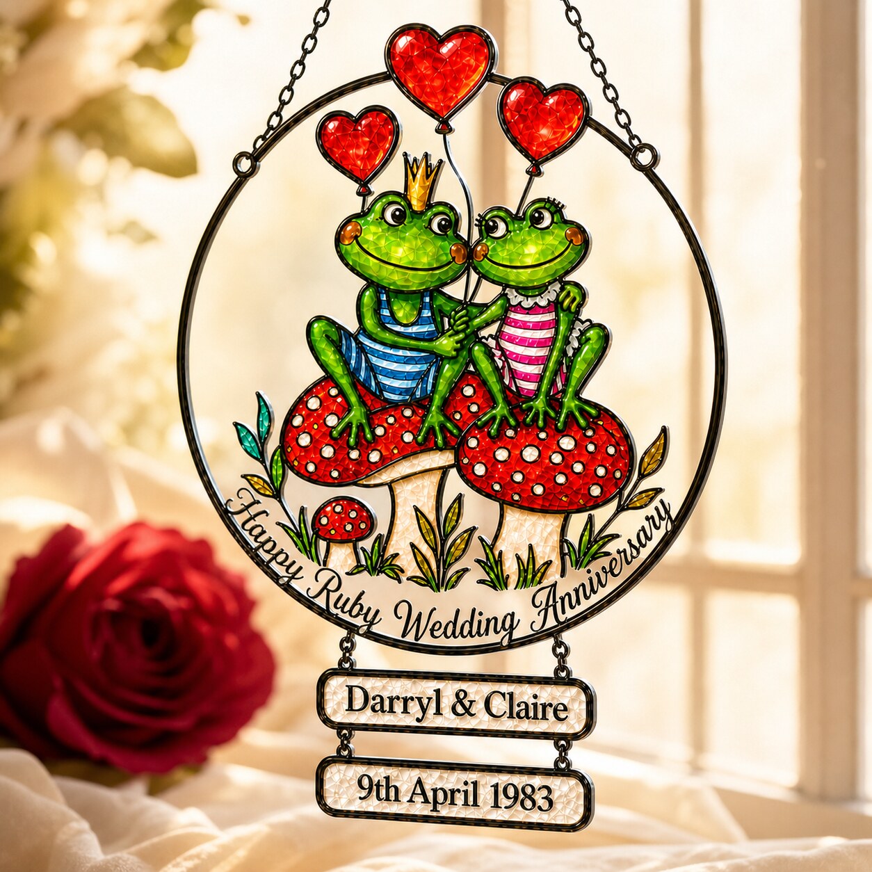 Personalized Ruby Wedding Anniversary Frog Couple Holographic Acrylic Suncatcher
